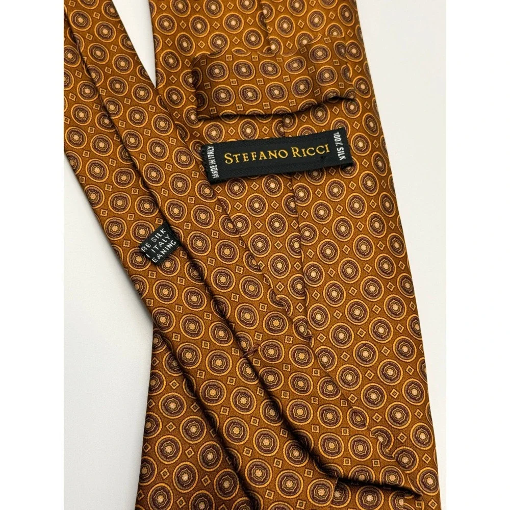 Stefano Ricci 100% Silk Tie Made in Italy Gold Brown Medallion Luxury Necktie